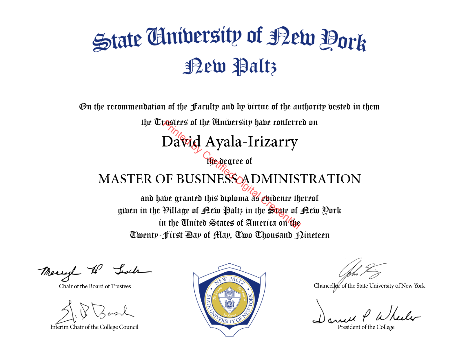 MBA in Accounting Diploma from SUNY New Paltz